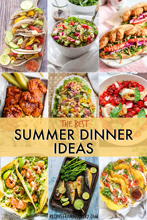 A collage of images of summer dinner dishes