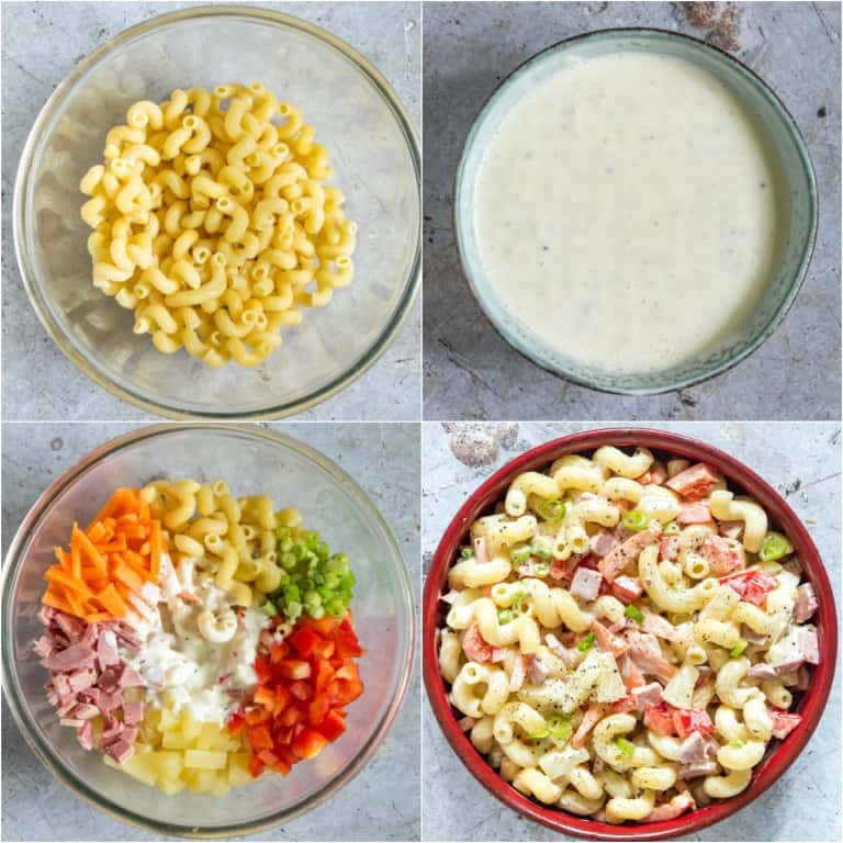 image collage showing the steps for making hawaiian pasta salad
