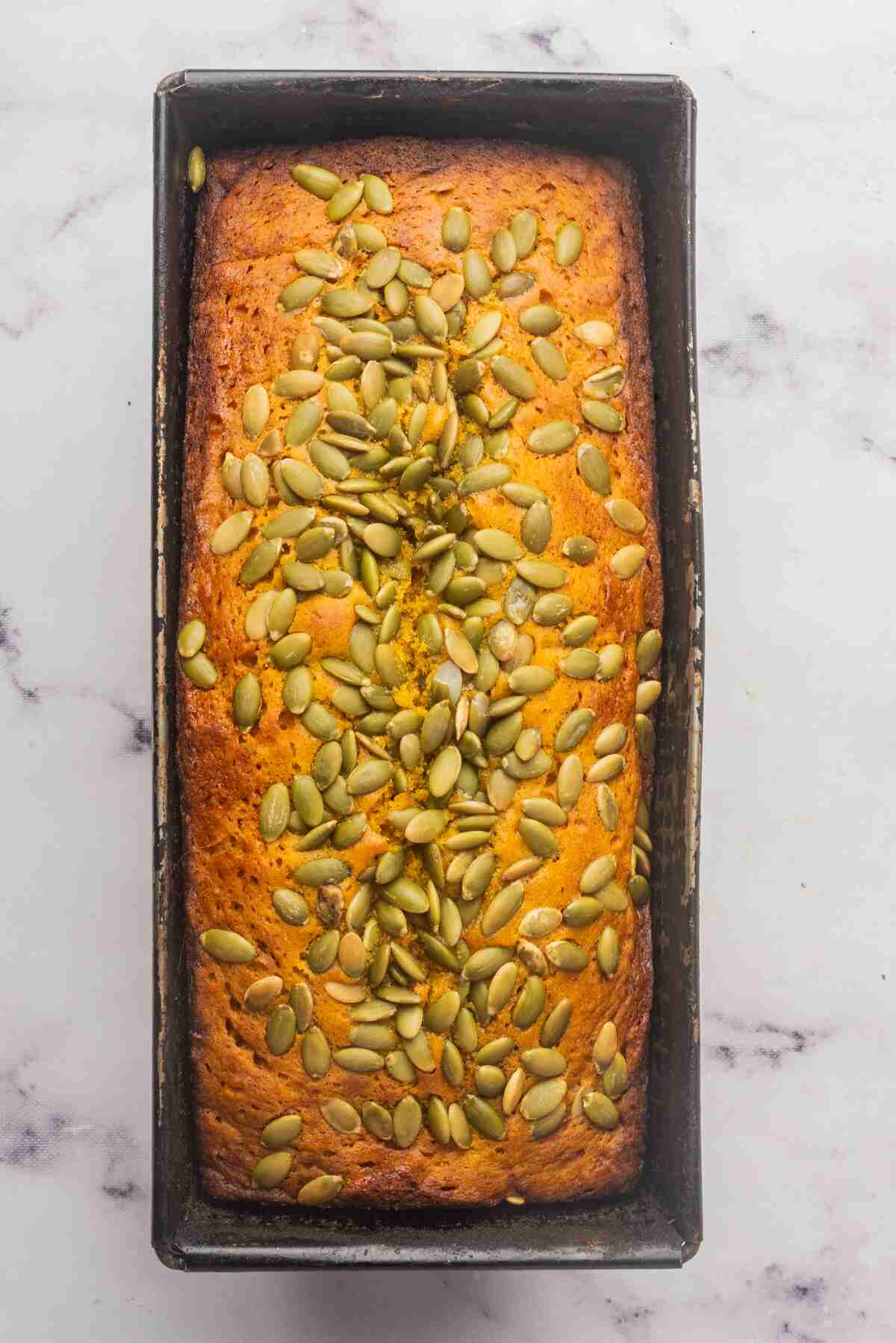 A loaf of baked pumpkin bread in a loaf pan, topped with toasted pumpkin seeds.
