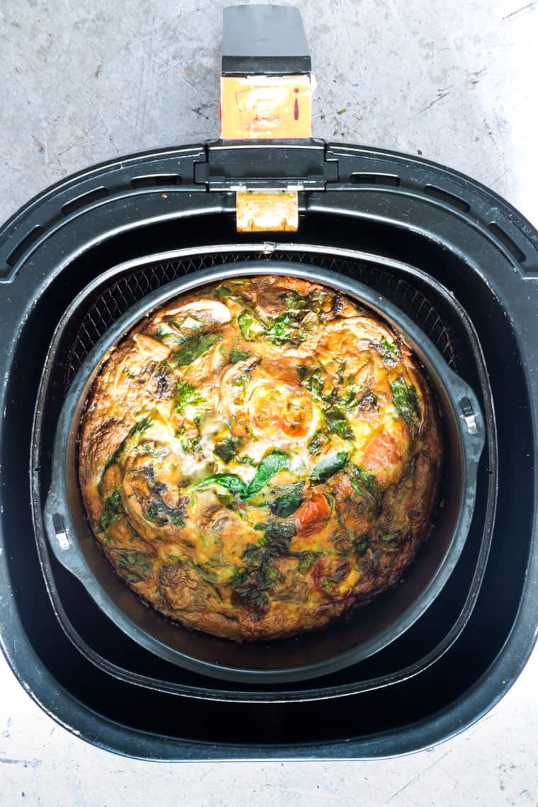 cooked breakfast frittata inside the air fryer