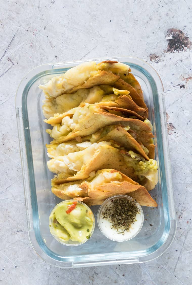 air fried chicken quesadilla served in a glass meal prep container 