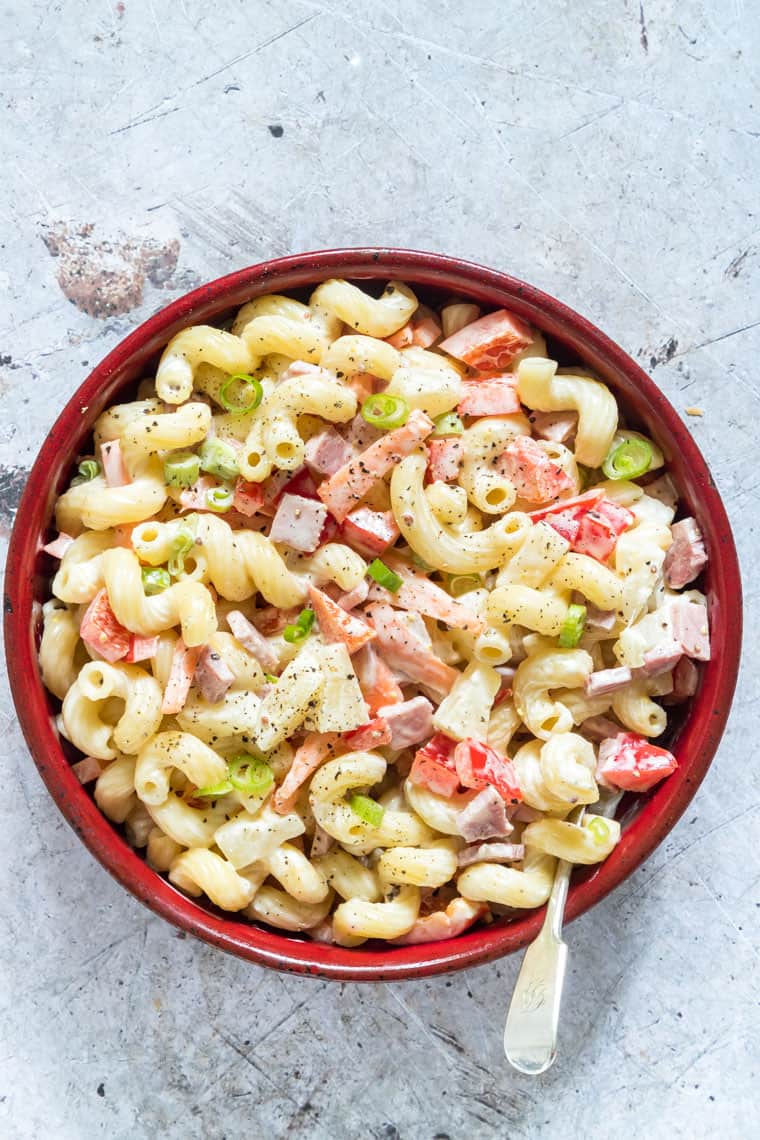 Finished Hawaiian Pasta Salad Recipe in a red serving bowl