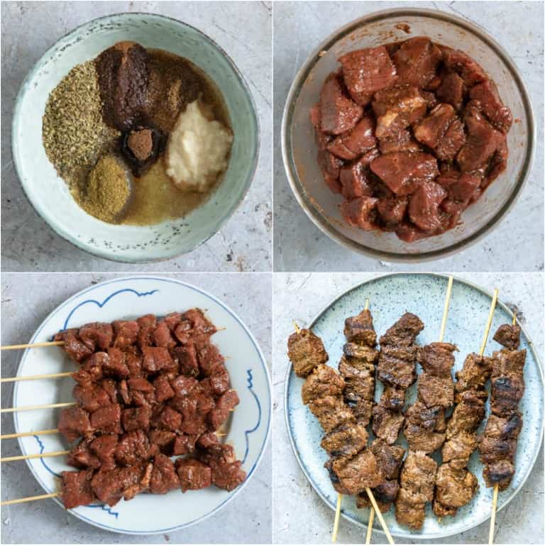 image collage showing the steps for making grilled lamb kabobs
