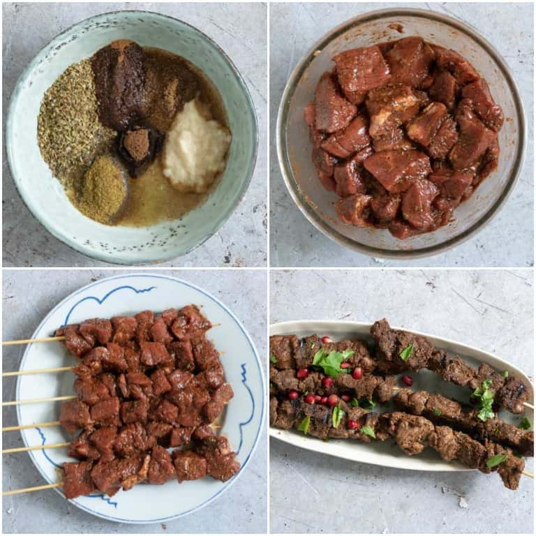 image collage showing the steps for making lamb shawarma
