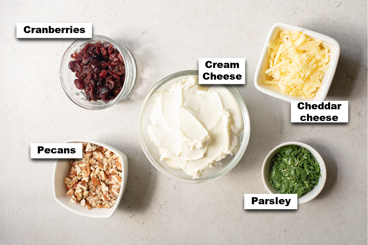 Ingredients for a cheeseball recipe with cranberries, pecans and cheese.