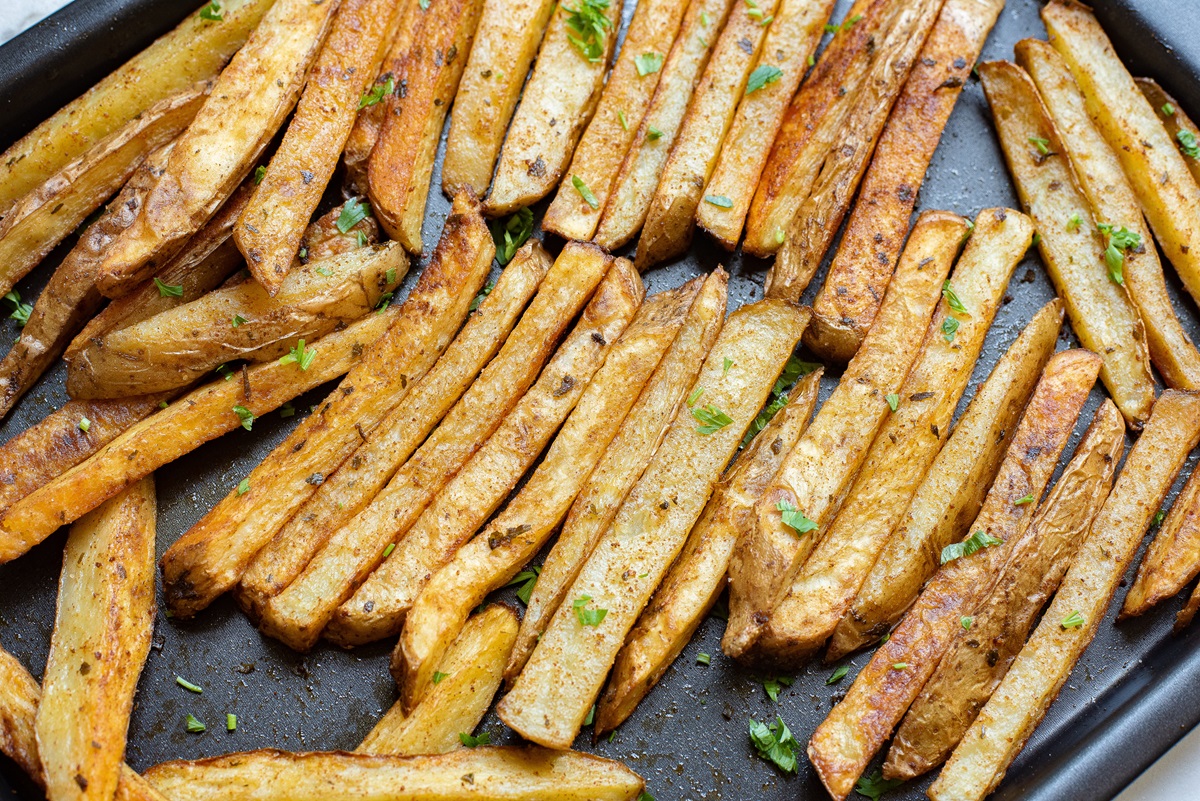 Fries on a baking tray.