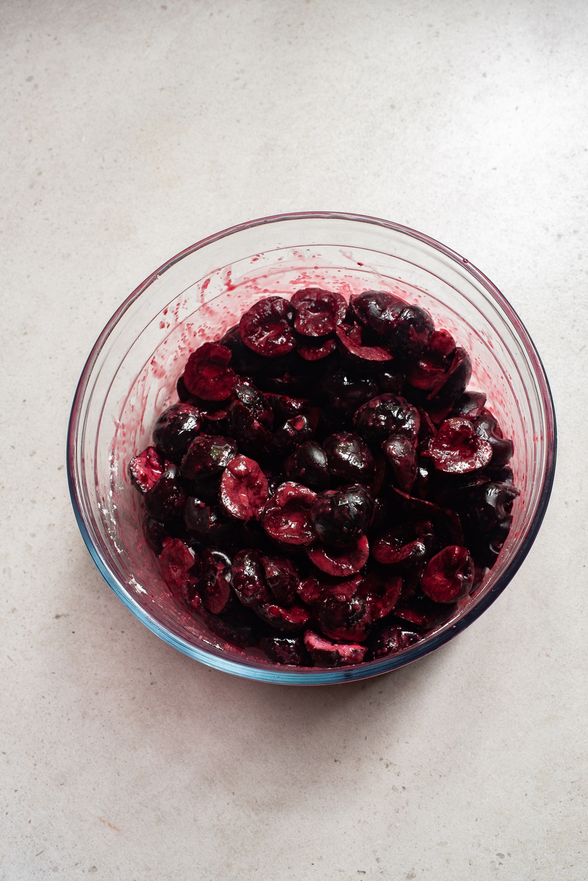 Cherry mixture in a clear glass bowl.