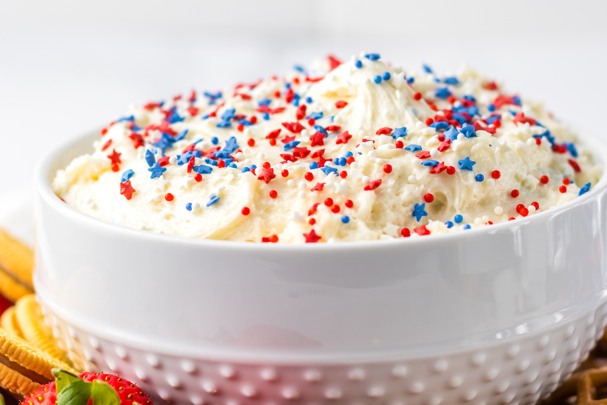 the completed dip topped with sprinkles ands ready to serve.