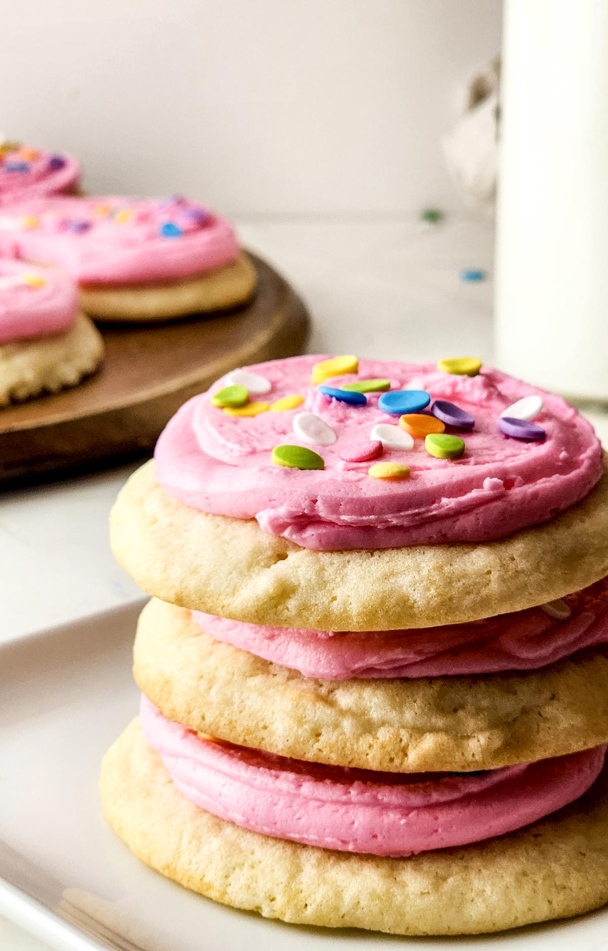 Stacked cookies on a plate.