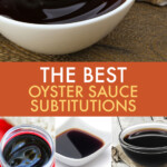 A collage of images of condiments that can be used as substitutions for oyster sauce