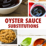 A collage of images of condiments that can be used as substitutions for oyster sauce