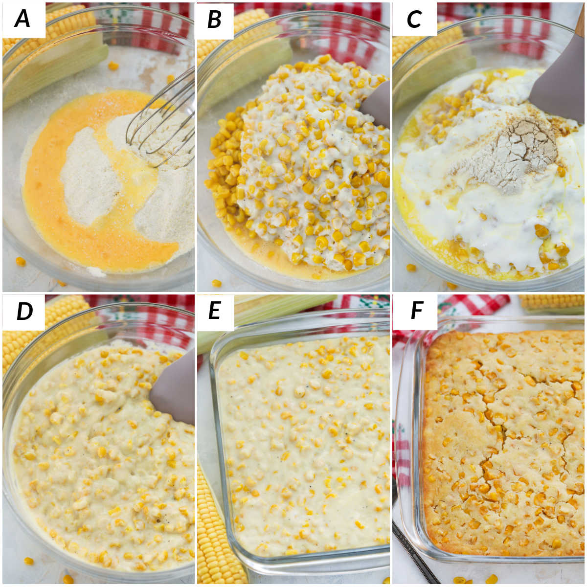 image collage showing the steps for Cornbread Casserole.