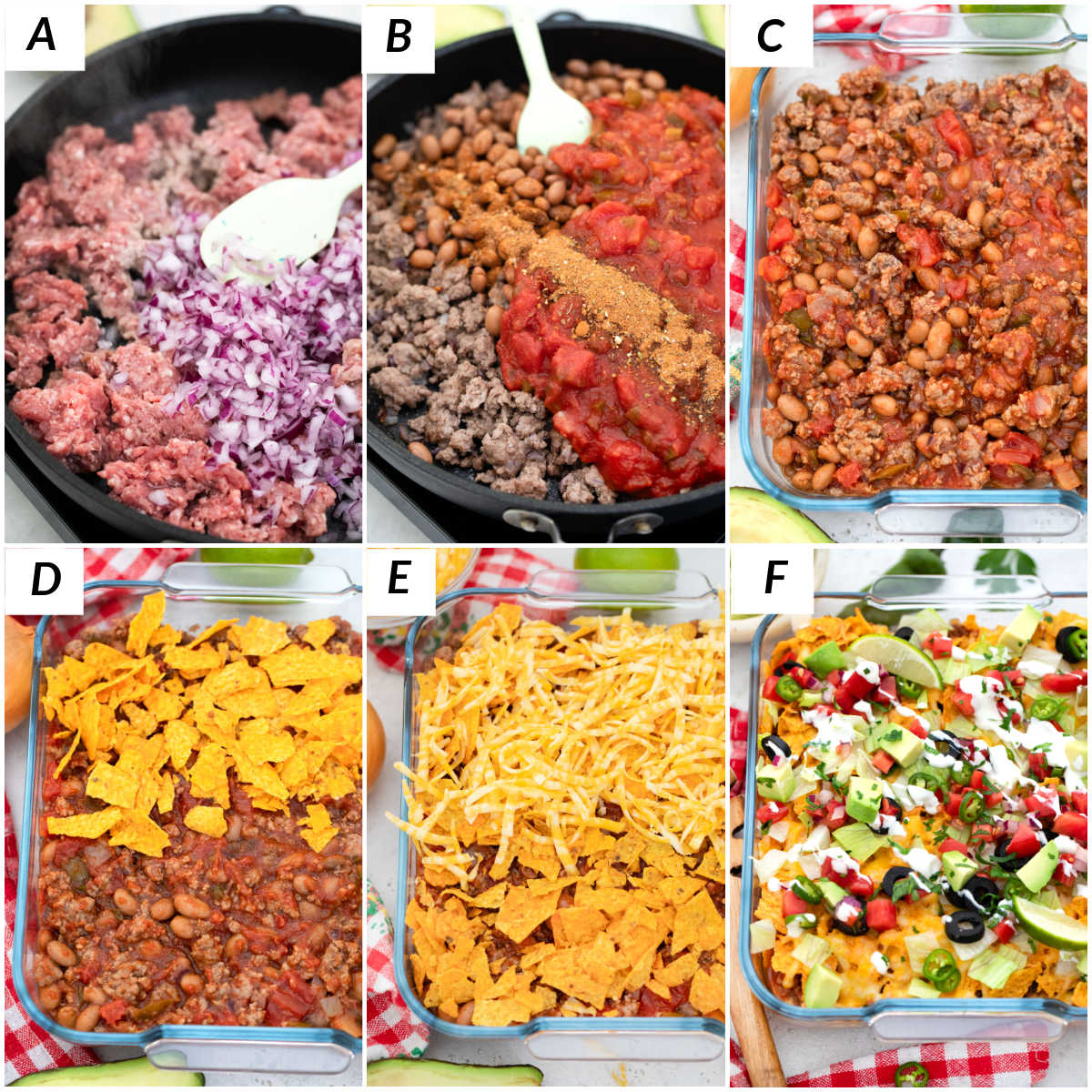 image collage showing the steps for Walking Taco Casserole.