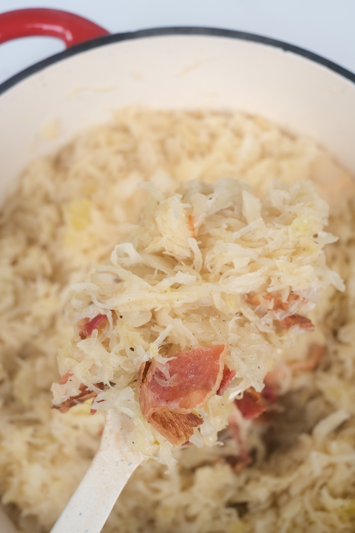 Close up view of sauerkraut with bacon bits in a pot.