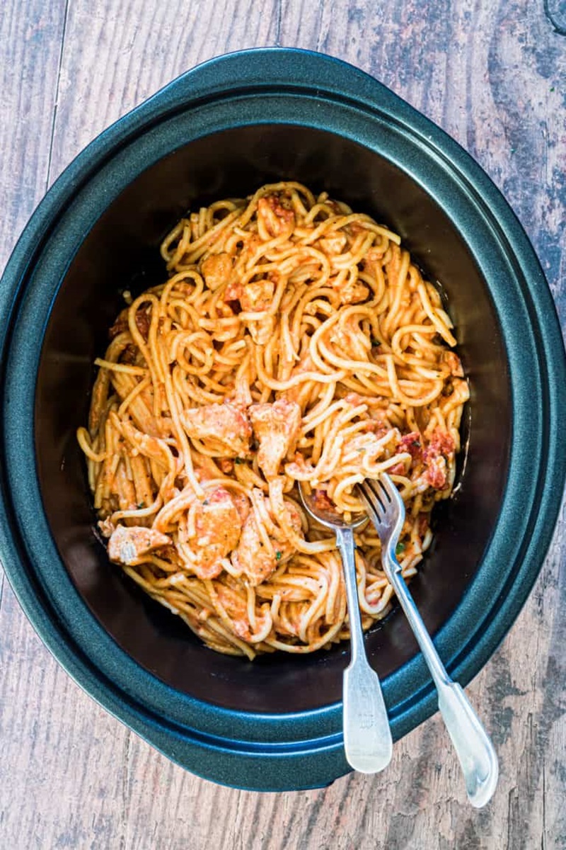 Top down view of Slow Cooker Chicken Spaghetti .