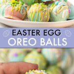two images of Oreo truffle balls. One of them stacked on a plate and one close up of a single truffle