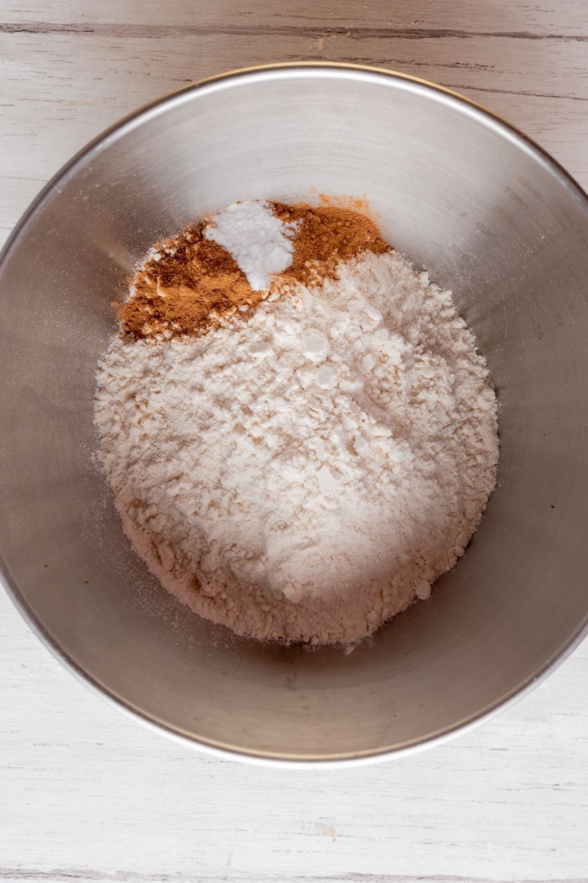 Ingredients in a silver mixing bowl.