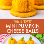 Two images of mini pumpkin cheese balls on crackers