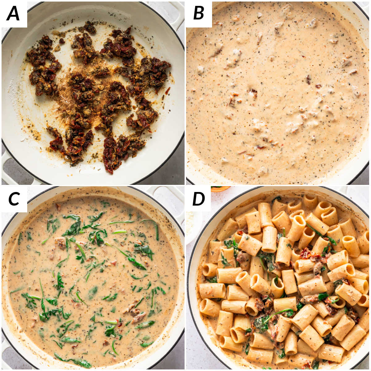 Step by step for sundried tomato pasta.