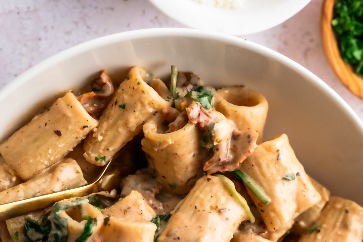 Bowl of creamy pasta.