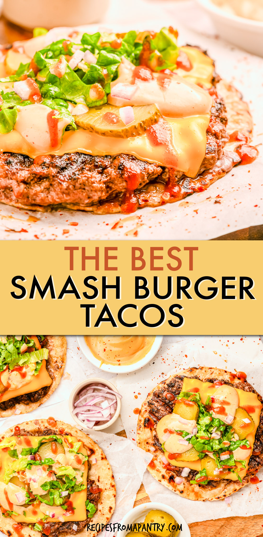 two images of smash burgers tacos