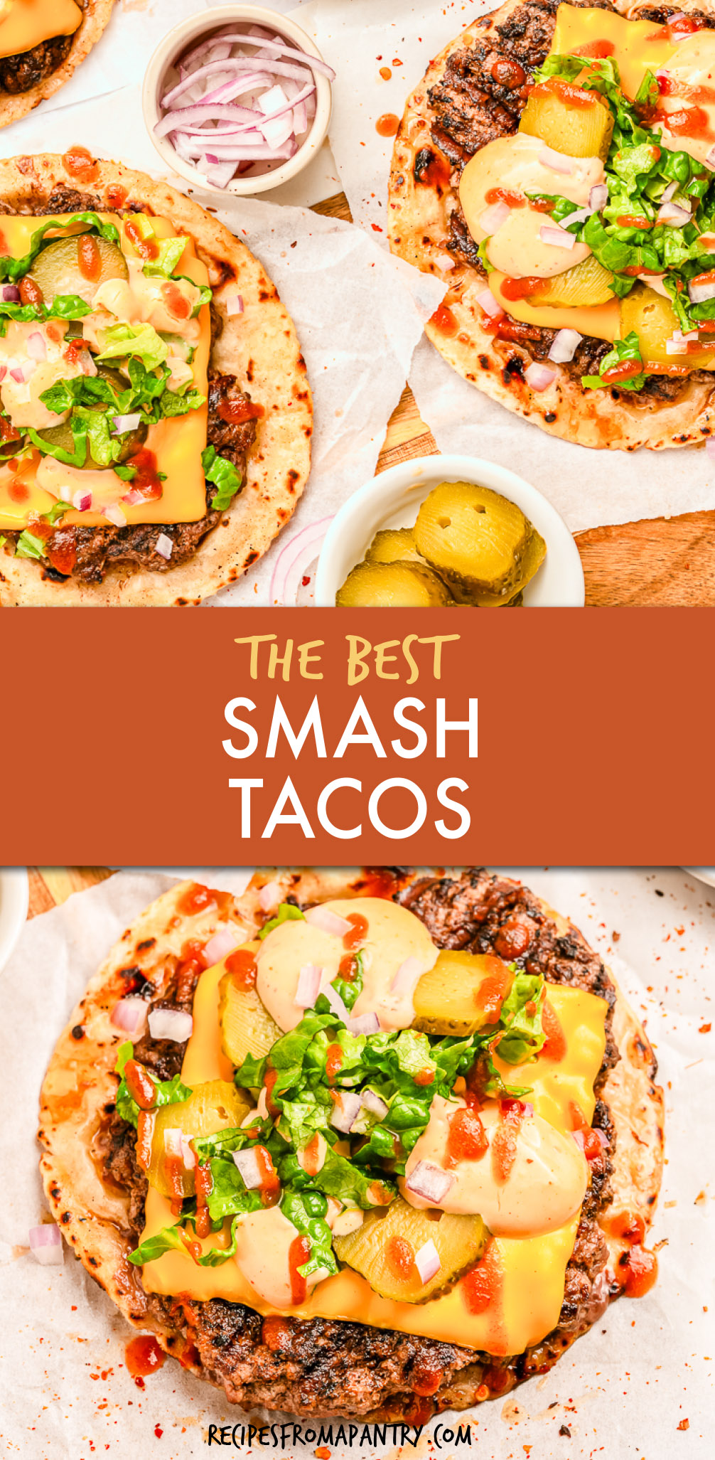 two images of smash burgers tacos