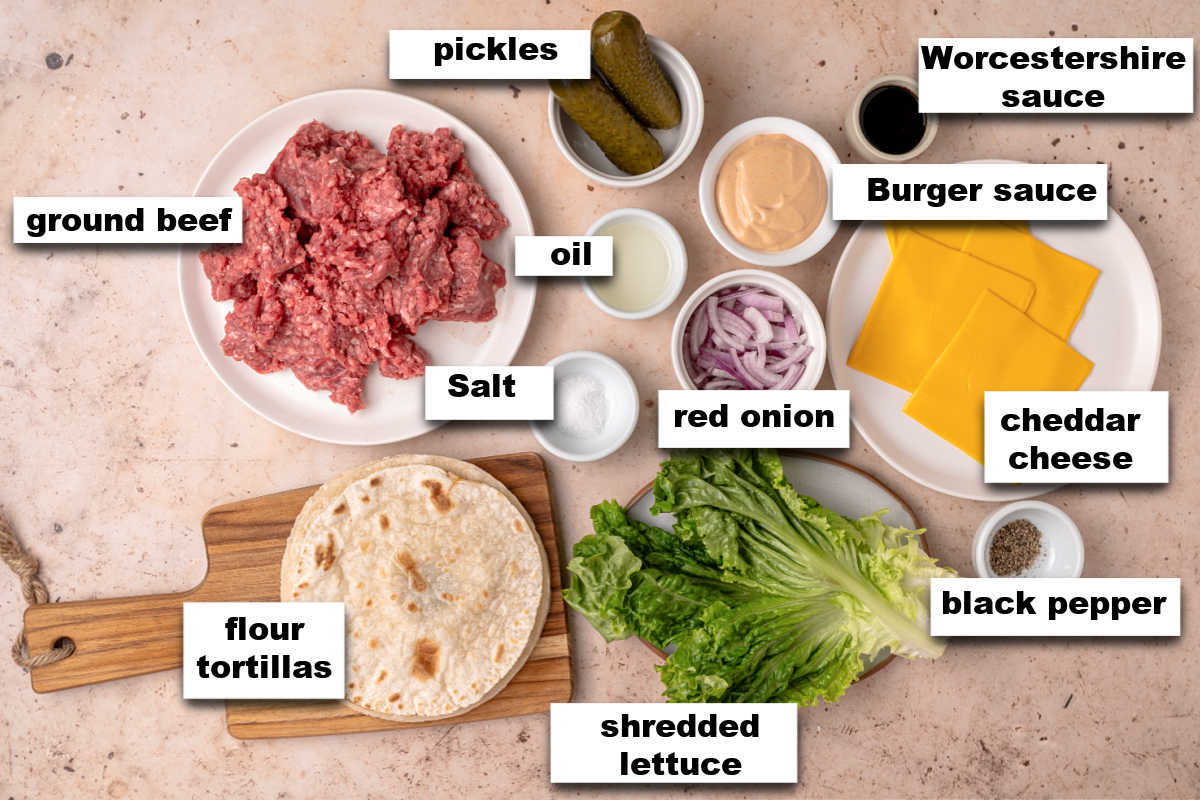 Smashed burger tacos Ingredients.